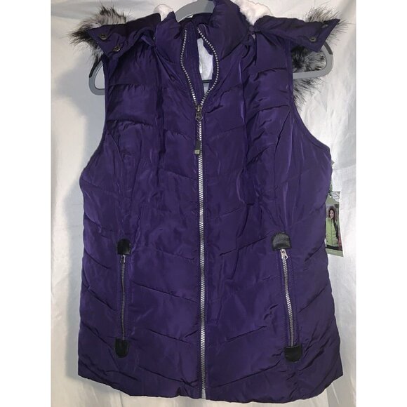 Green Tea Puffer‎ Hooded Vest Purple Fleece Lined  Full Zip Quilted Pockets M - Picture 1 of 8